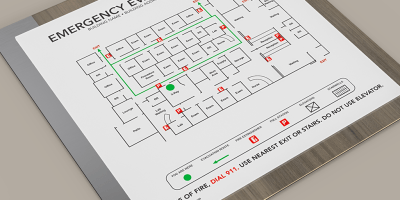 Emergency evacuation plan showing exit routes, fire equipment, and “You Are Here” location for building safety compliance