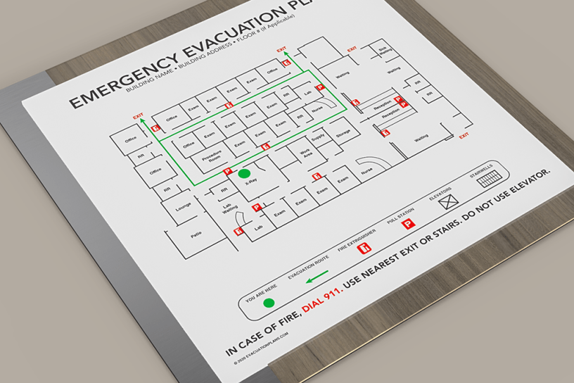 Emergency evacuation plan showing exit routes, fire equipment, and “You Are Here” location for building safety compliance
