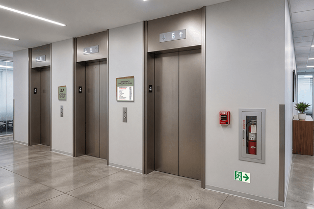 Flexia Angulate (FXAN-EVH811-CA) evacuation plan sign installed in elevator corridor for emergency egress guidance