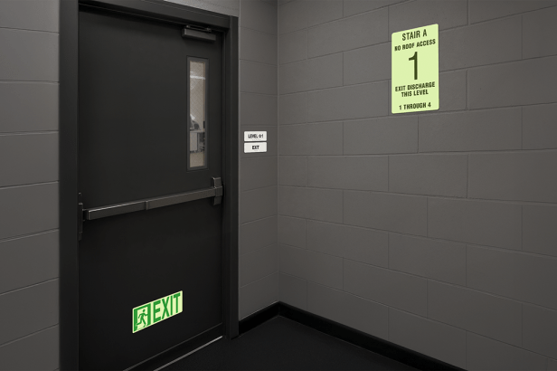 Photoluminescent stairwell identification sign (NFPA-PVC1812) marking exit level and stair designation for emergency egress